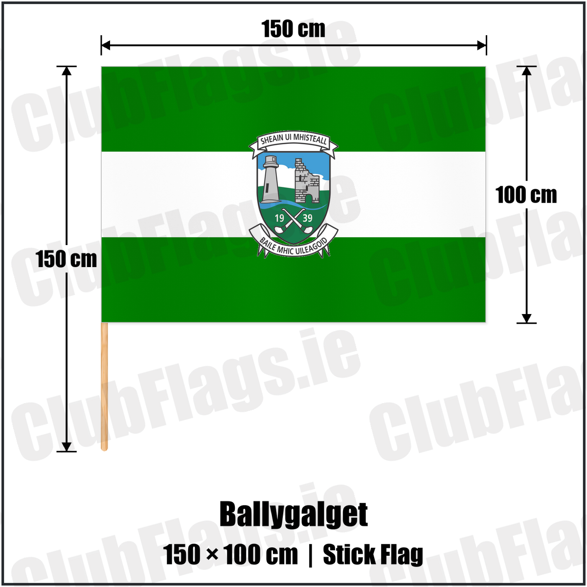 Ballygalget 100cm x 150cm Stick Flag with the club crest and colours, Down GAA - ClubFlags.ie