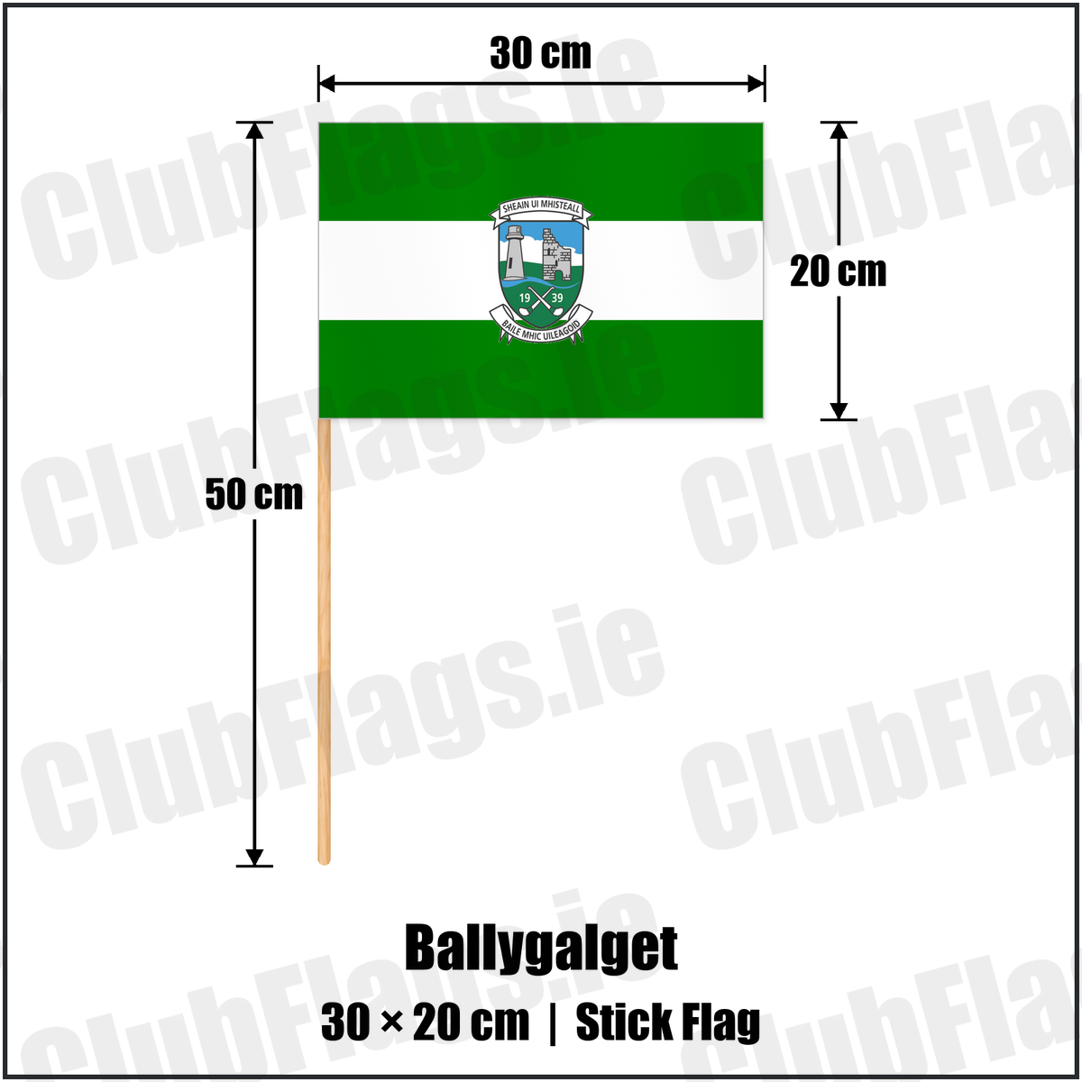 Ballygalget 20cm x 30cm Stick Flag with the club crest and colours, Down GAA - ClubFlags.ie