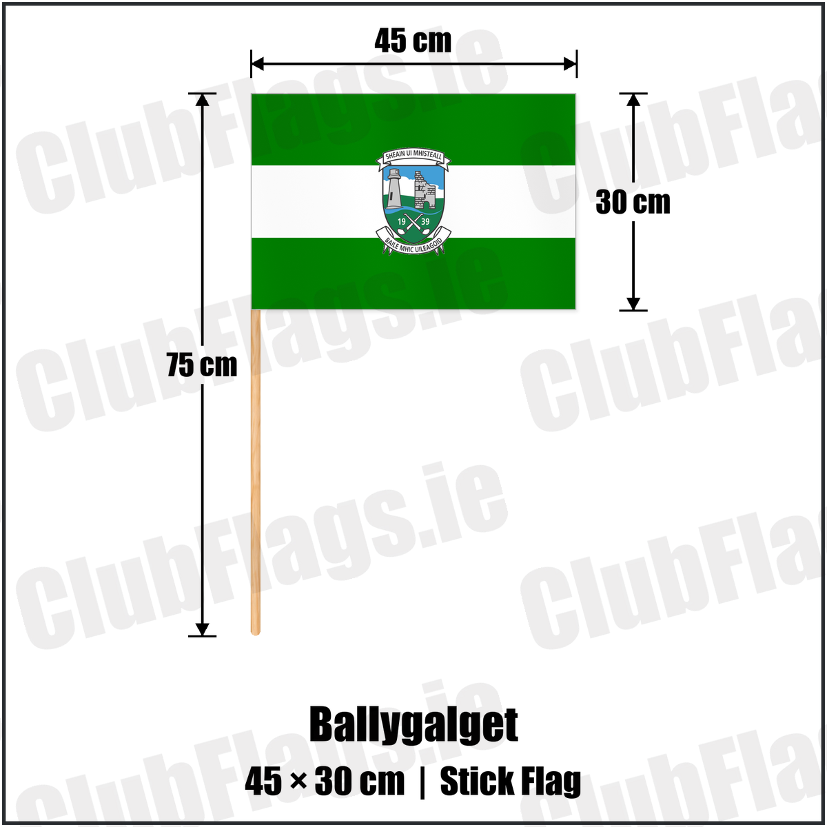Ballygalget 30cm x 45cm Stick Flag with the club crest and colours, Down GAA - ClubFlags.ie