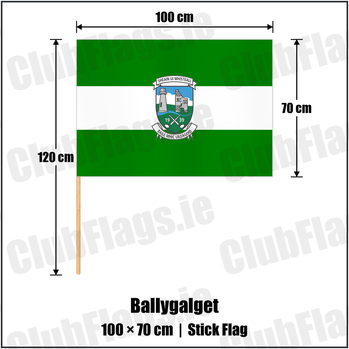 Ballygalget 70cm x 100cm Stick Flag with the club crest and colours, Down GAA - ClubFlags.ie