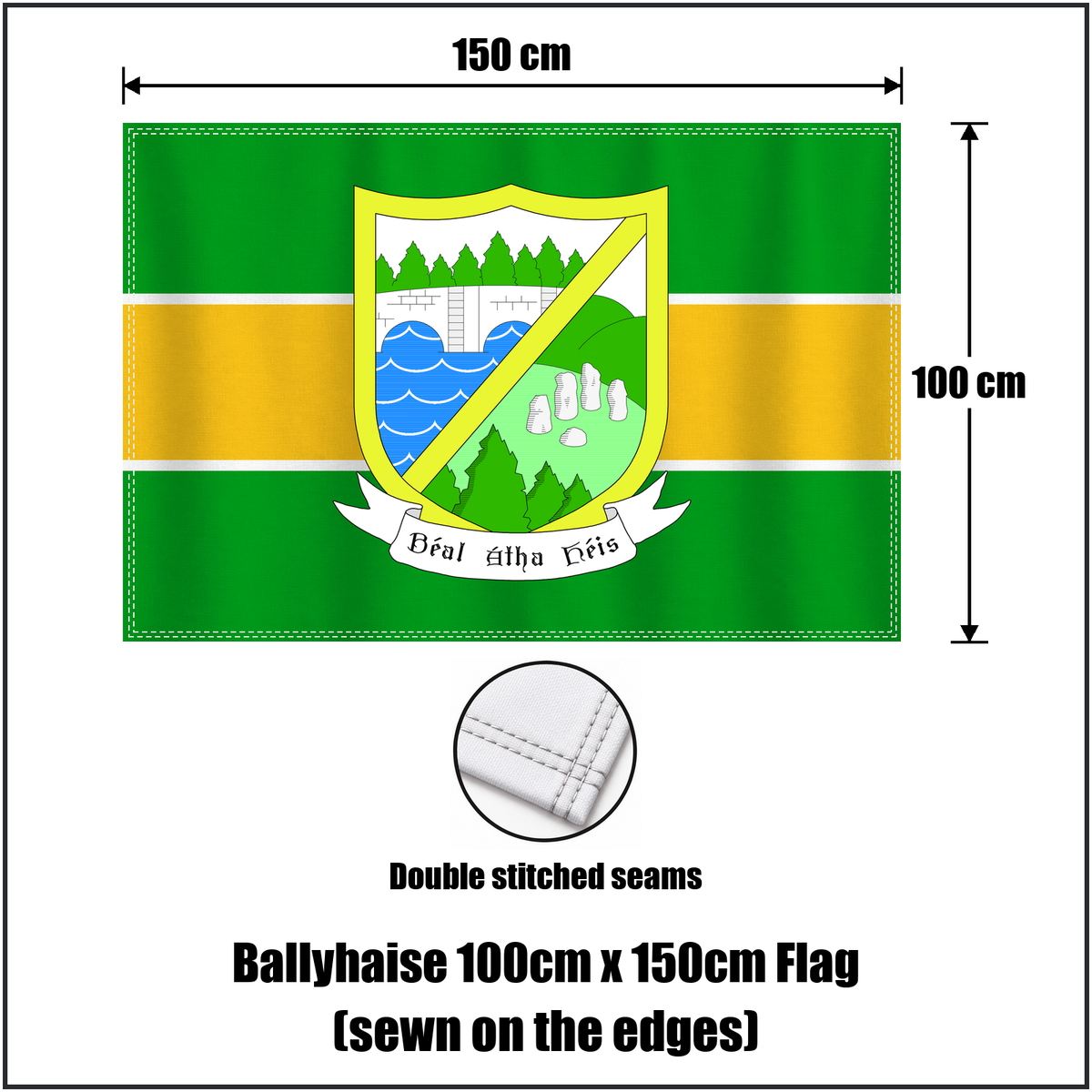 Ballyhaise 100cm x 150cm Flag (sewn on the edges), featuring the club crest and green and gold colours; County Cavan GAA. ClubFlags.ie.