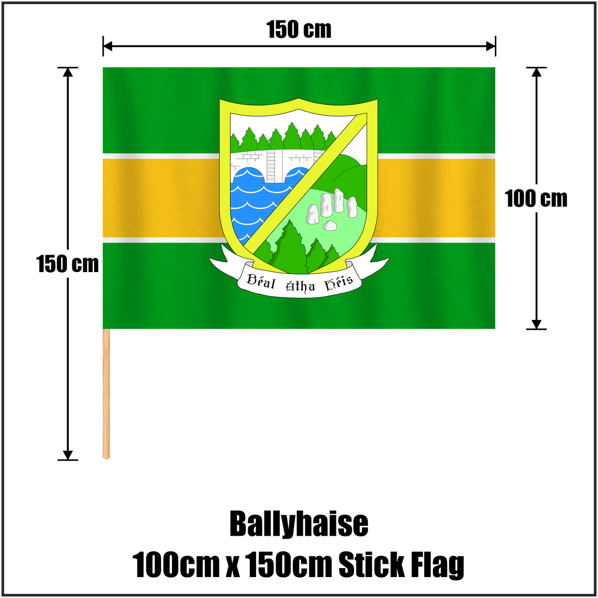 Ballyhaise 100cm x 150cm Stick Flag, featuring the club crest and green and gold colours; County Cavan GAA. ClubFlags.ie.