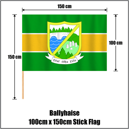Ballyhaise 100cm x 150cm Stick Flag, featuring the club crest and green and gold colours; County Cavan GAA. ClubFlags.ie.