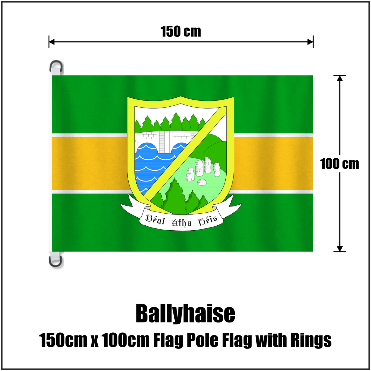 Ballyhaise 150cm x 100cm Flag Pole Flag with Rings, featuring the club crest and green and gold colours; County Cavan GAA. ClubFlags.ie.