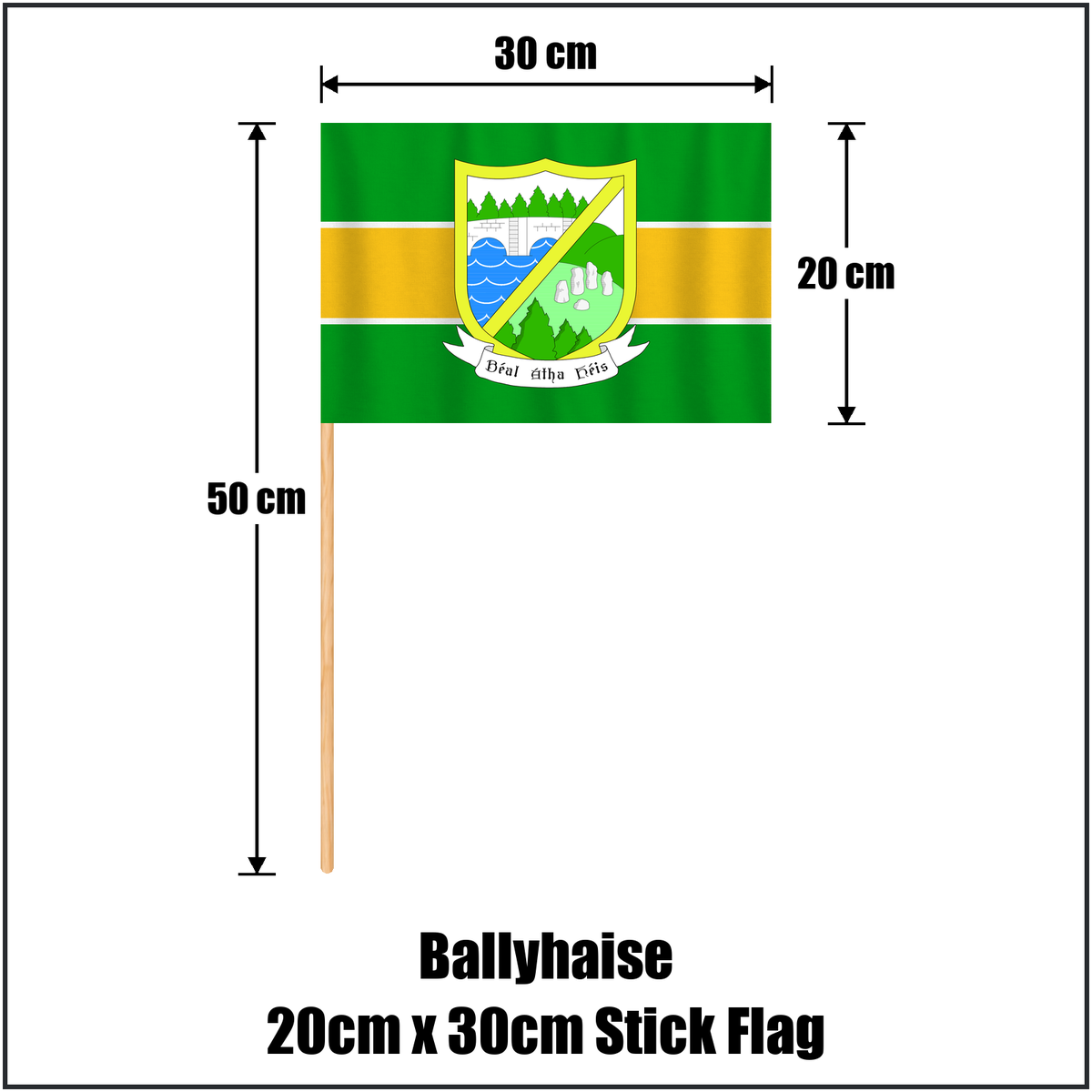 Ballyhaise 20cm x 30cm Stick Flag, featuring the club crest and green and gold colours; County Cavan GAA. ClubFlags.ie.