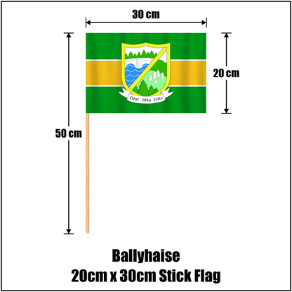 Ballyhaise 20cm x 30cm Stick Flag, featuring the club crest and green and gold colours; County Cavan GAA. ClubFlags.ie.