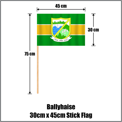 Ballyhaise 30cm x 45cm Stick Flag, featuring the club crest and green and gold colours; County Cavan GAA. ClubFlags.ie.