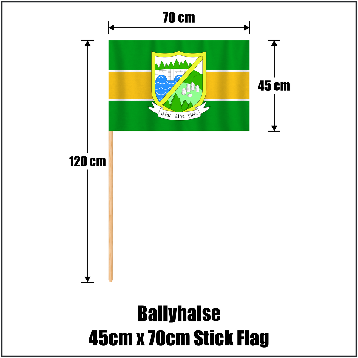 Ballyhaise 45cm x 70cm Stick Flag, featuring the club crest and green and gold colours; County Cavan GAA. ClubFlags.ie.