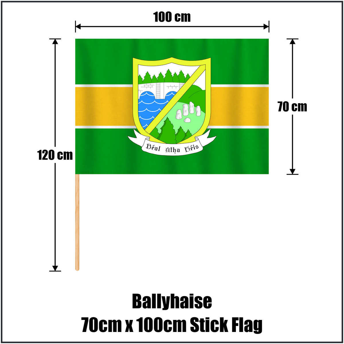 Ballyhaise 70cm x 100cm Stick Flag, featuring the club crest and green and gold colours; County Cavan GAA. ClubFlags.ie.