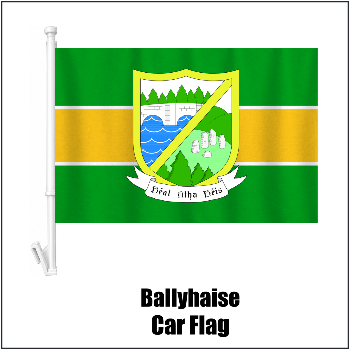 Ballyhaise Car Flag, featuring the club crest and green and gold colours; County Cavan GAA. ClubFlags.ie.
