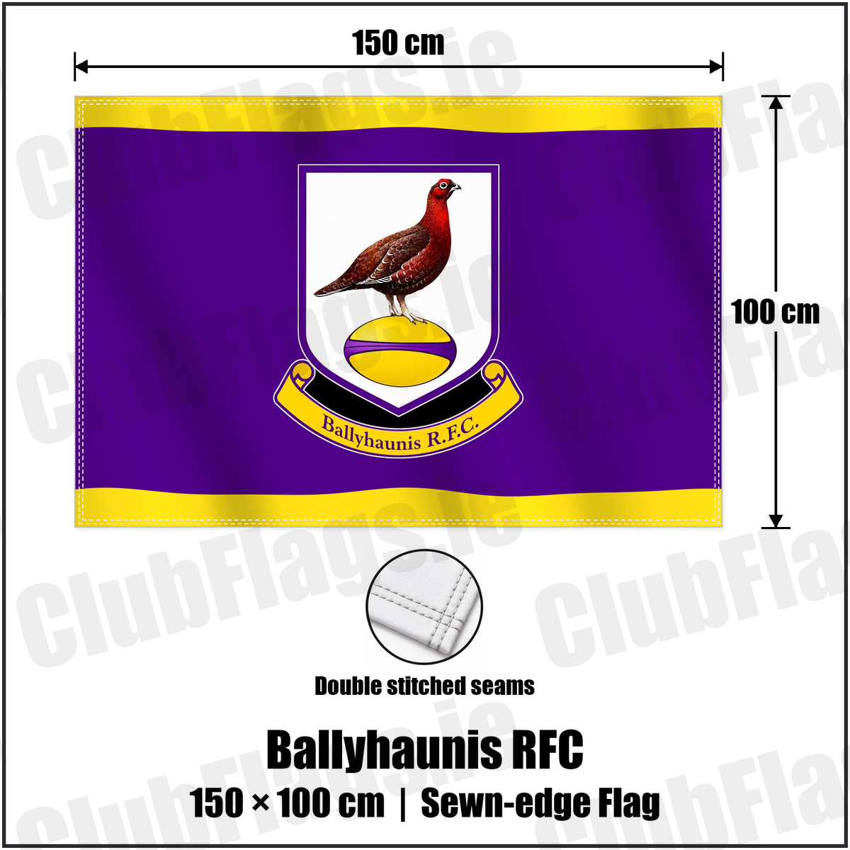 Ballyhaunis RFC 100cm x 150cm Flag (sewn on the edges) with the club crest and colours, Mayo Rugby - ClubFlags.ie