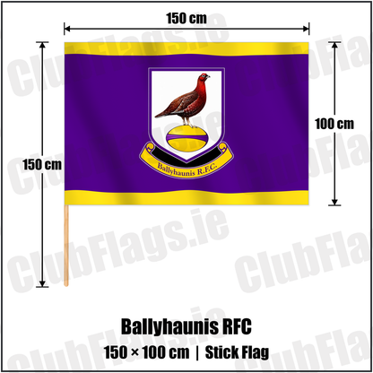 Ballyhaunis RFC 100cm x 150cm Stick Flag with the club crest and colours, Mayo Rugby - ClubFlags.ie
