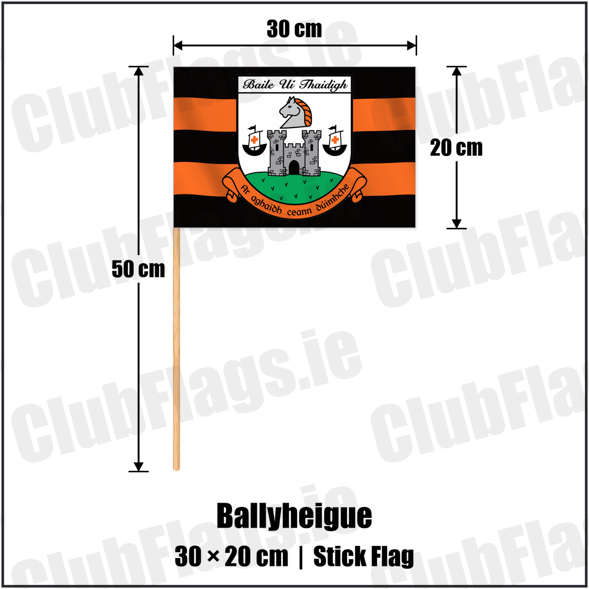 Ballyheigue 20cm x 30cm Stick Flag with the verified club crest and colours, Kerry GAA - ClubFlags.ie