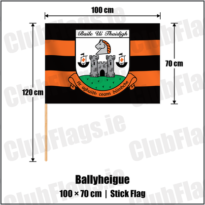 Ballyheigue 70cm x 100cm Stick Flag with the verified club crest and colours, Kerry GAA - ClubFlags.ie