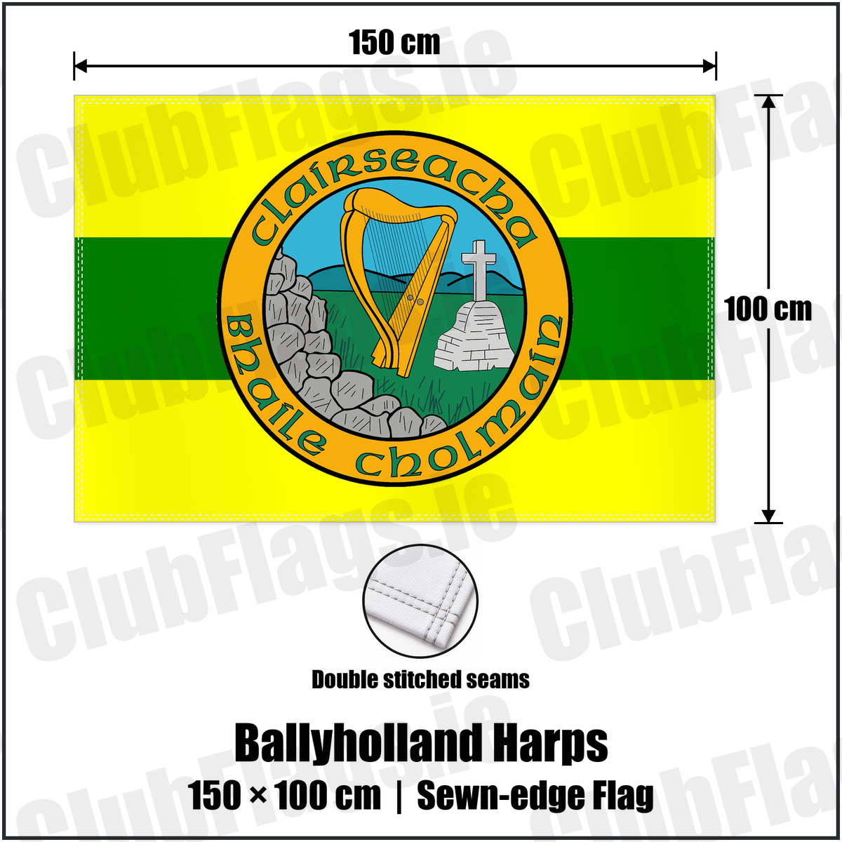 Ballyholland Harps 100cm x 150cm Flag (sewn on the edges) with the club crest and colours, Down GAA - ClubFlags.ie