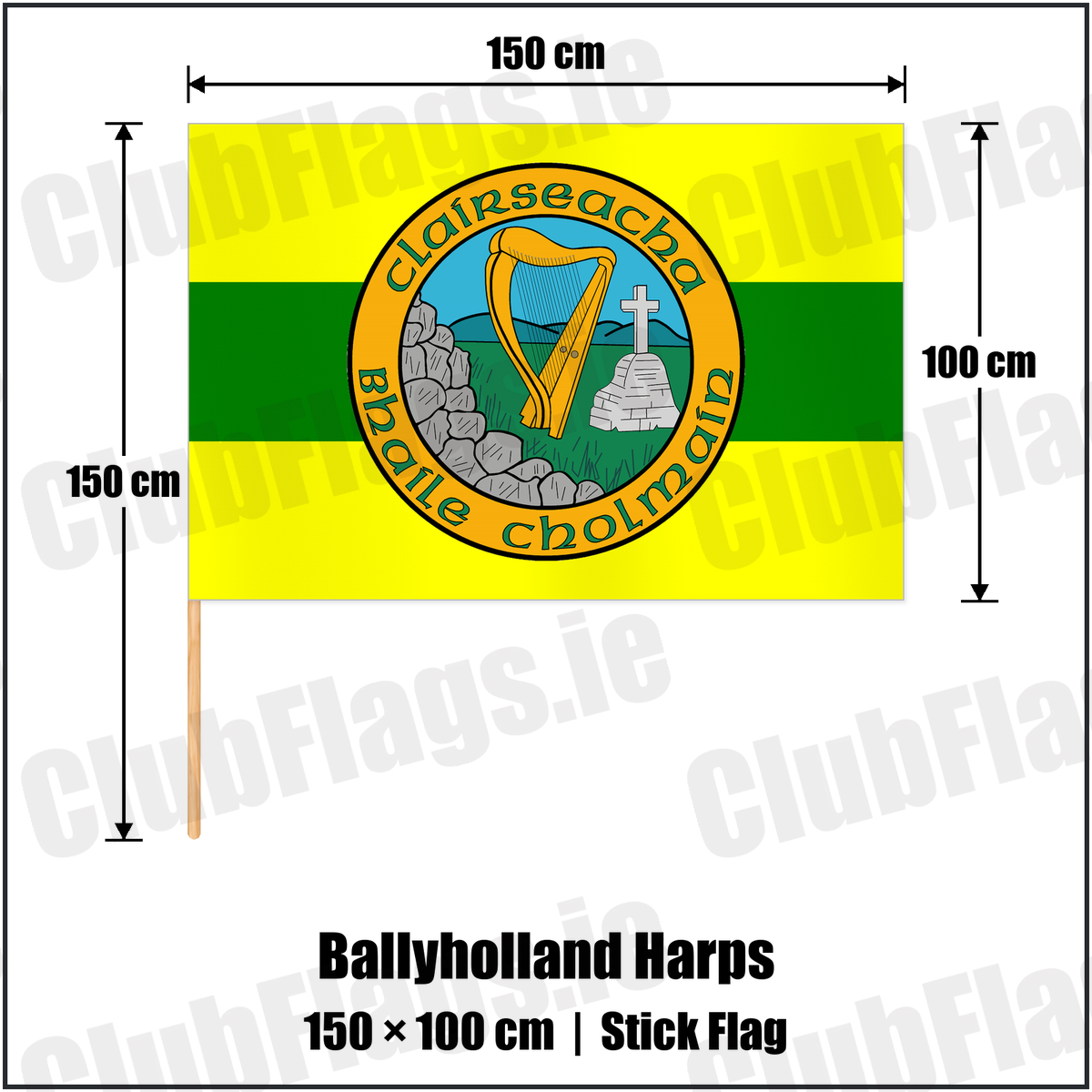 Ballyholland Harps 100cm x 150cm Stick Flag with the club crest and colours, Down GAA - ClubFlags.ie