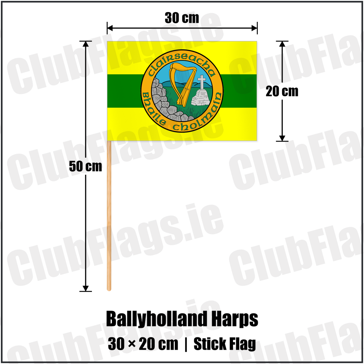 Ballyholland Harps 20cm x 30cm Stick Flag with the club crest and colours, Down GAA - ClubFlags.ie