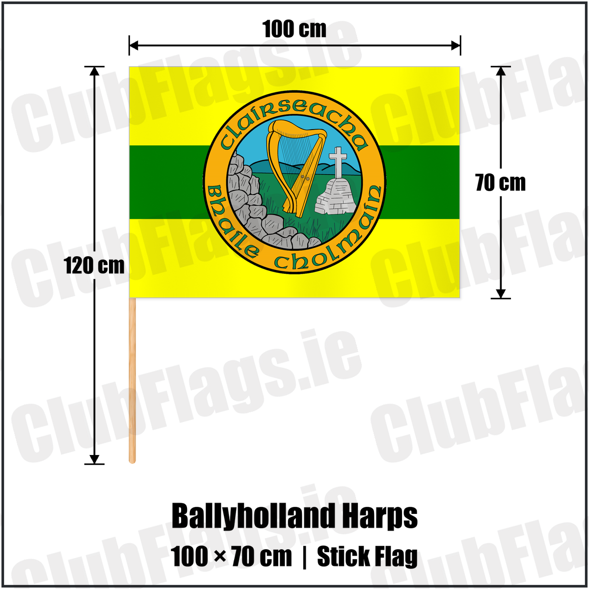 Ballyholland Harps 70cm x 100cm Stick Flag with the club crest and colours, Down GAA - ClubFlags.ie