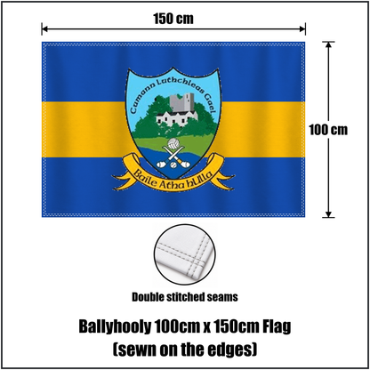 Ballyhooly 100cm x 150cm Flag (sewn on the edges), featuring the club crest and royal blue and amber colours; County Cork GAA. ClubFlags.ie.