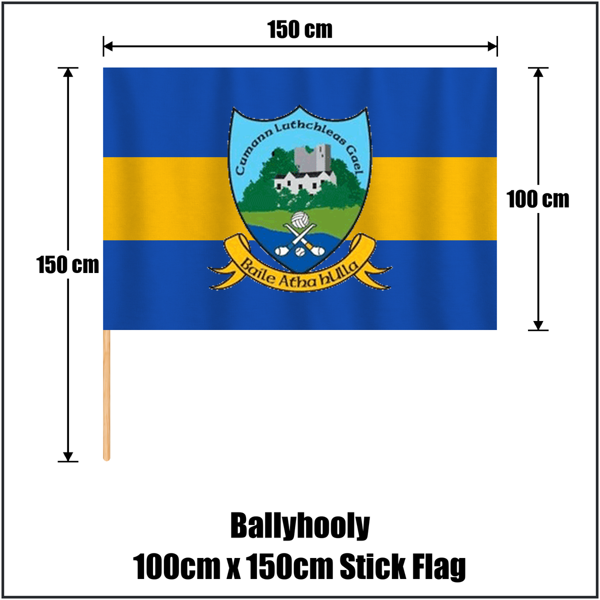 Ballyhooly 100cm x 150cm Stick Flag, featuring the club crest and royal blue and amber colours; County Cork GAA. ClubFlags.ie.