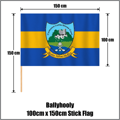 Ballyhooly 100cm x 150cm Stick Flag, featuring the club crest and royal blue and amber colours; County Cork GAA. ClubFlags.ie.