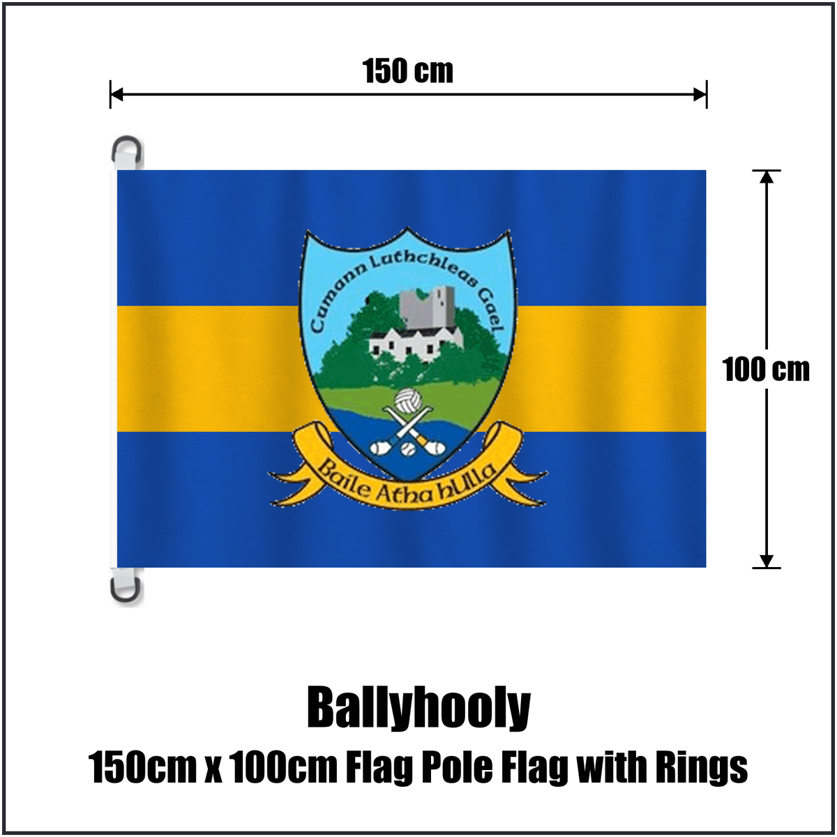 Ballyhooly 150cm x 100cm Flag Pole Flag with Rings, featuring the club crest and royal blue and amber colours; County Cork GAA. ClubFlags.ie.