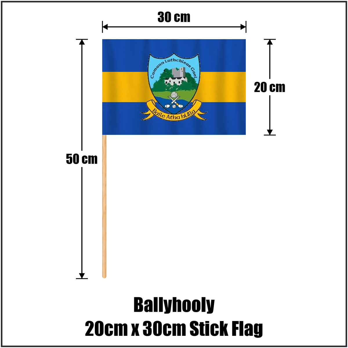 Ballyhooly 20cm x 30cm Stick Flag, featuring the club crest and royal blue and amber colours; County Cork GAA. ClubFlags.ie.