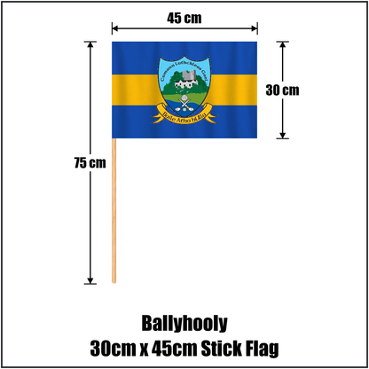 Ballyhooly 30cm x 45cm Stick Flag, featuring the club crest and royal blue and amber colours; County Cork GAA. ClubFlags.ie.