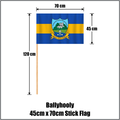 Ballyhooly 45cm x 70cm Stick Flag, featuring the club crest and royal blue and amber colours; County Cork GAA. ClubFlags.ie.