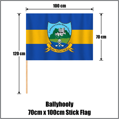 Ballyhooly 70cm x 100cm Stick Flag, featuring the club crest and royal blue and amber colours; County Cork GAA. ClubFlags.ie.