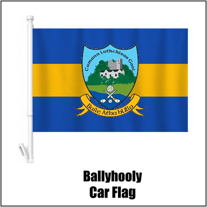 Ballyhooly Car Flag, featuring the club crest and royal blue and amber colours; County Cork GAA. ClubFlags.ie.
