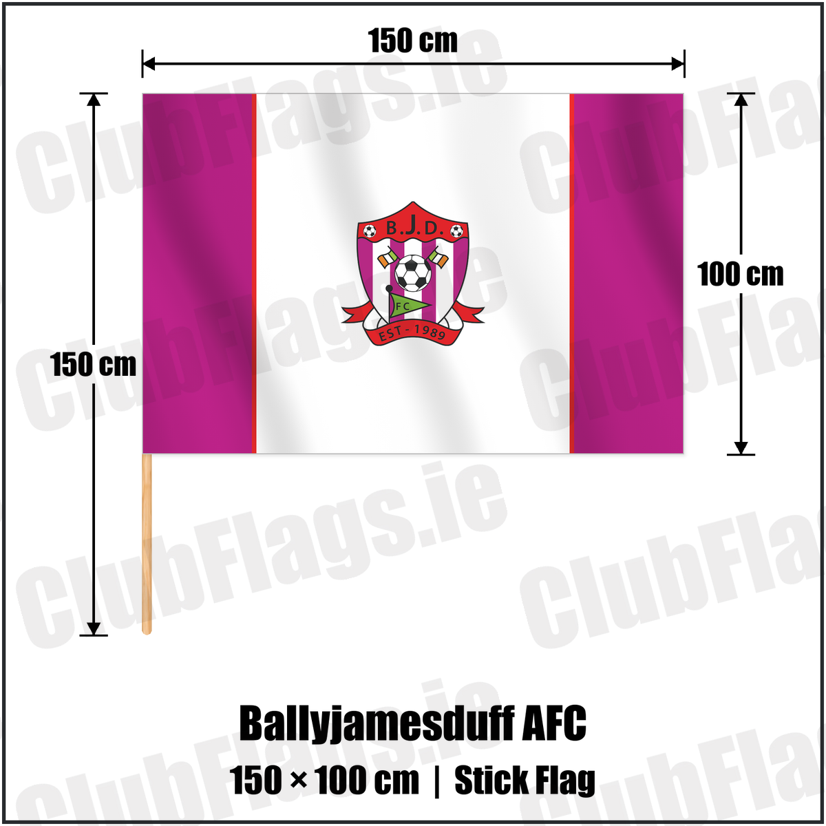 Ballyjamesduff AFC 100cm x 150cm Stick Flag with the club crest and colours, Cavan Football - ClubFlags.ie