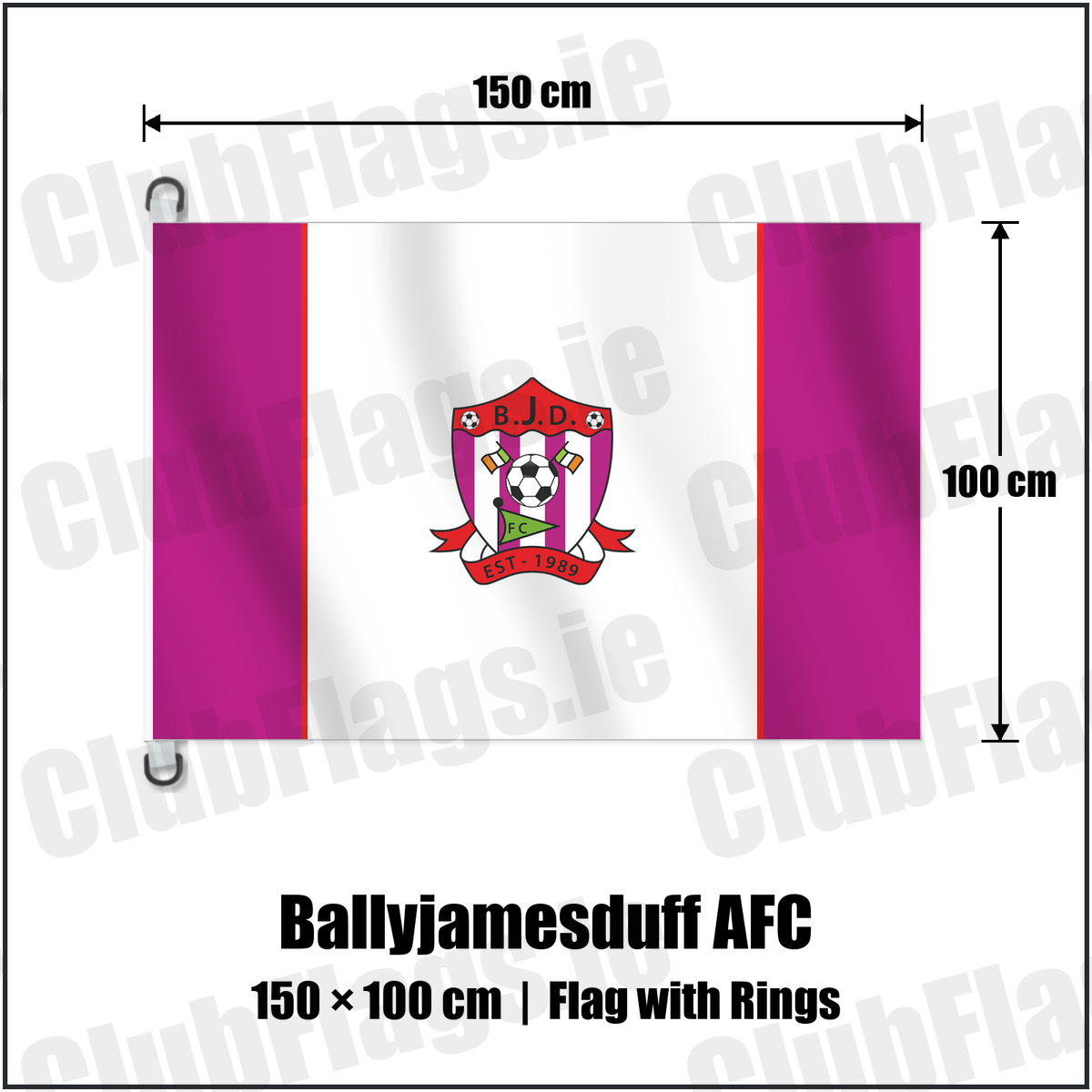 Ballyjamesduff AFC 150cm x 100cm Flag Pole Flag with Rings with the club crest and colours, Cavan Football - ClubFlags.ie