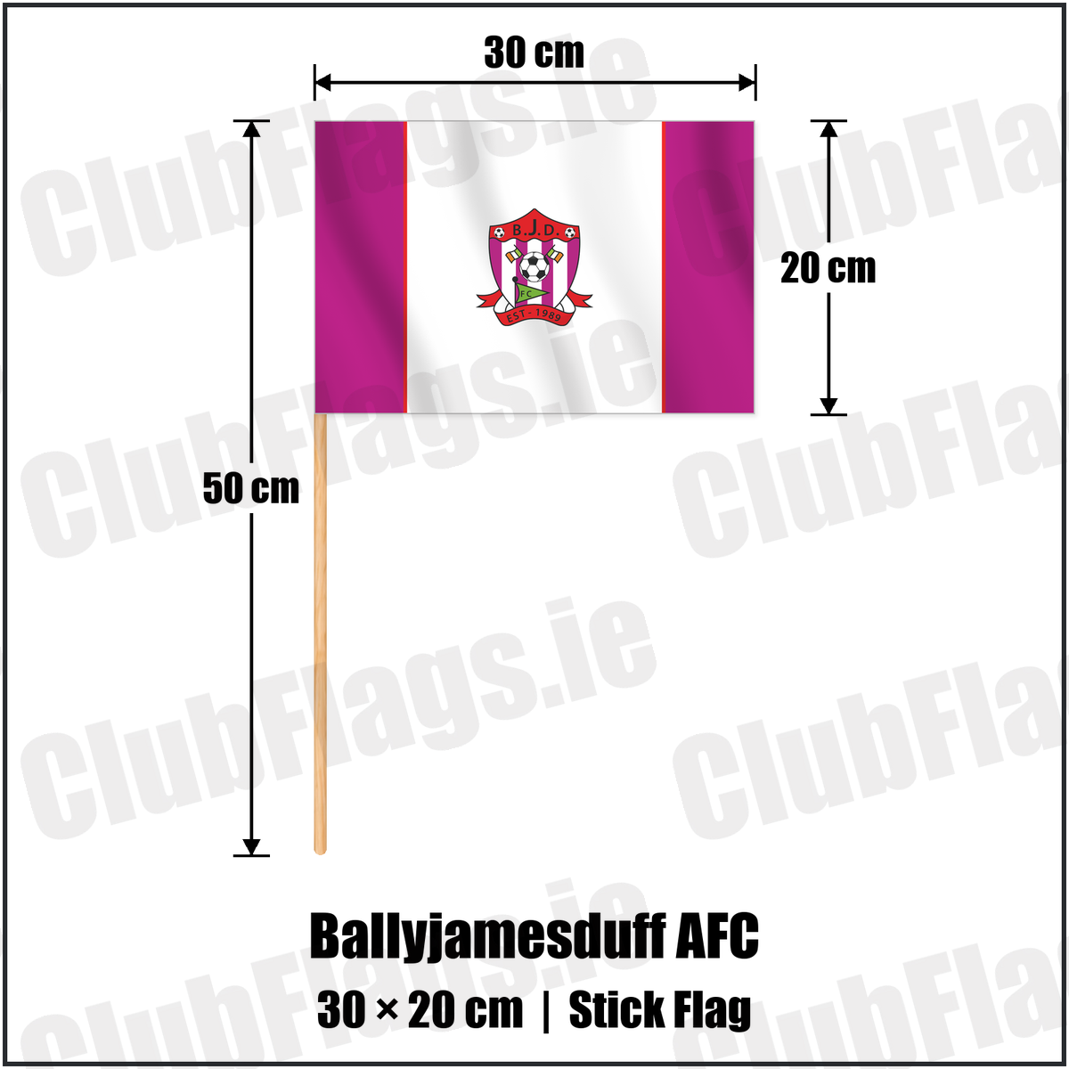 Ballyjamesduff AFC 20cm x 30cm Stick Flag with the club crest and colours, Cavan Football - ClubFlags.ie