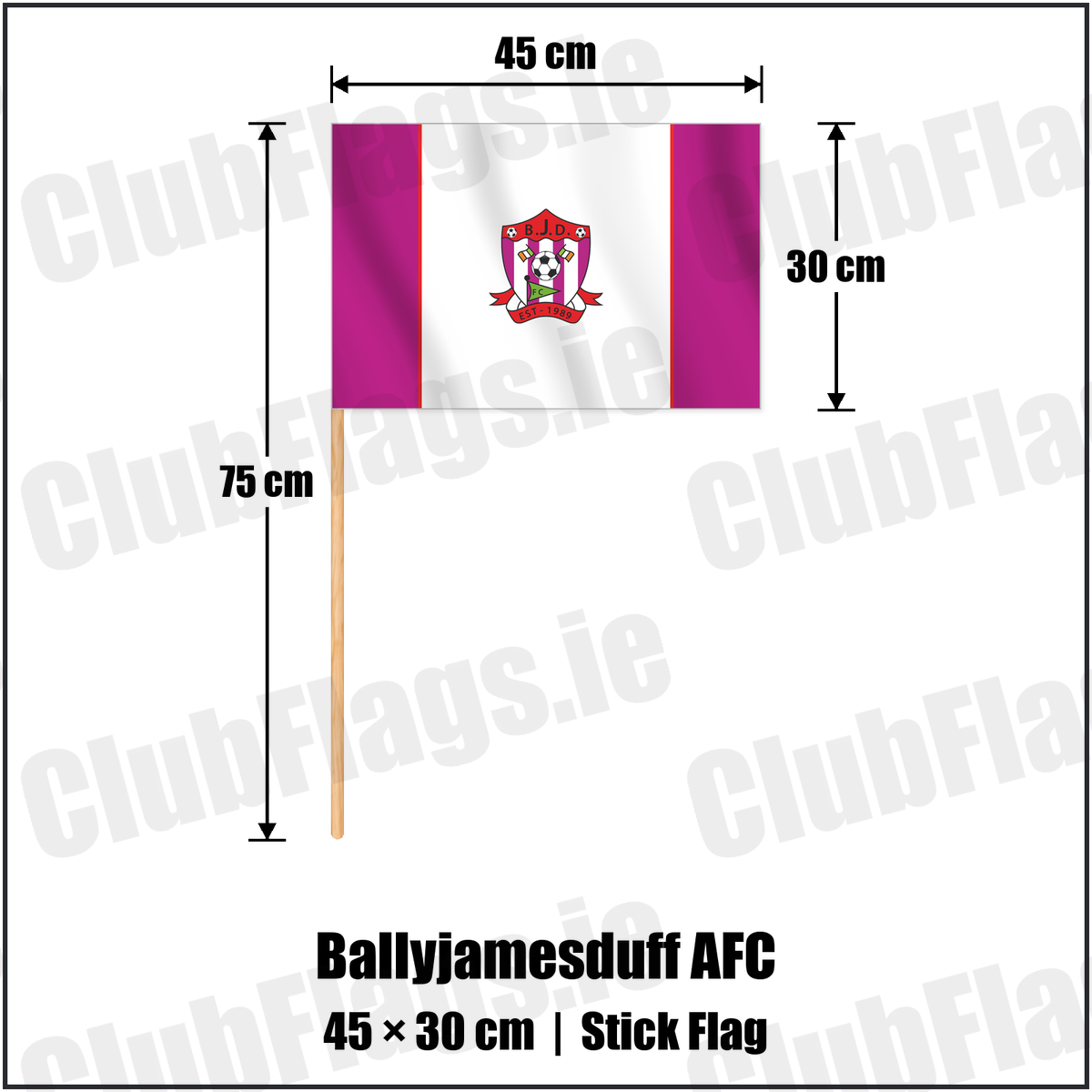 Ballyjamesduff AFC 30cm x 45cm Stick Flag with the club crest and colours, Cavan Football - ClubFlags.ie