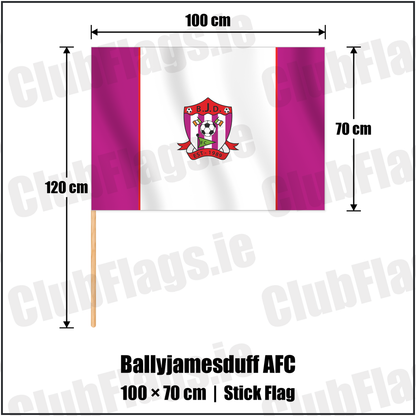 Ballyjamesduff AFC 70cm x 100cm Stick Flag with the club crest and colours, Cavan Football - ClubFlags.ie