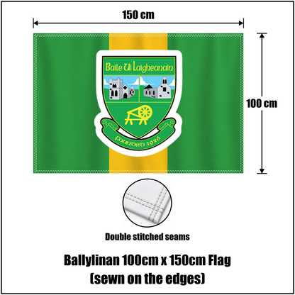 Ballylinan 100cm x 150cm Flag (sewn on the edges), featuring the club crest and green and gold colours; County Laois GAA. ClubFlags.ie.