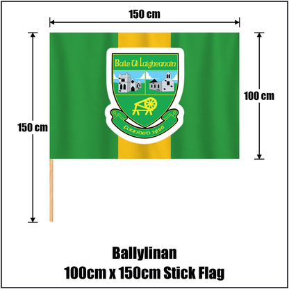 Ballylinan 100cm x 150cm Stick Flag, featuring the club crest and green and gold colours; County Laois GAA. ClubFlags.ie.