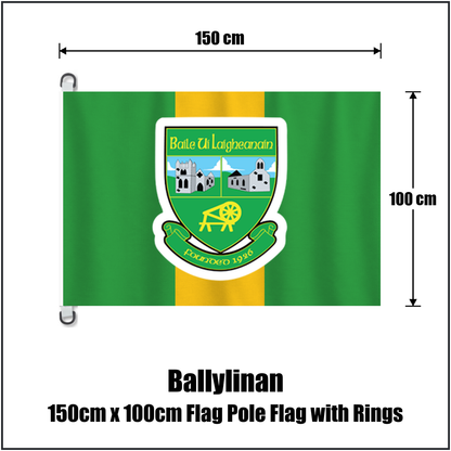 Ballylinan 150cm x 100cm Flag Pole Flag with Rings, featuring the club crest and green and gold colours; County Laois GAA. ClubFlags.ie.