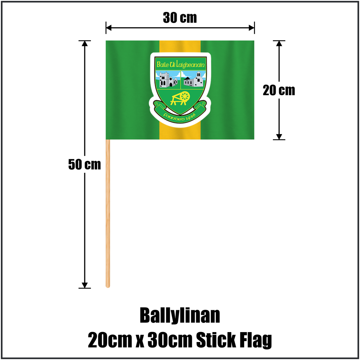 Ballylinan 20cm x 30cm Stick Flag, featuring the club crest and green and gold colours; County Laois GAA. ClubFlags.ie.