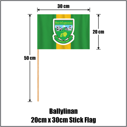 Ballylinan 20cm x 30cm Stick Flag, featuring the club crest and green and gold colours; County Laois GAA. ClubFlags.ie.