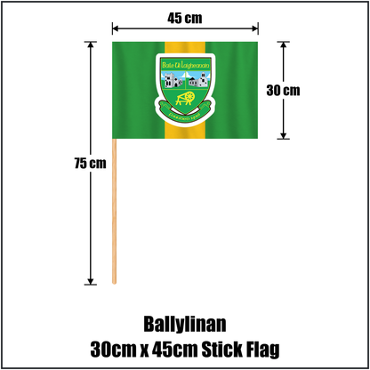 Ballylinan 30cm x 45cm Stick Flag, featuring the club crest and green and gold colours; County Laois GAA. ClubFlags.ie.
