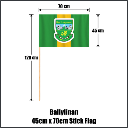 Ballylinan 45cm x 70cm Stick Flag, featuring the club crest and green and gold colours; County Laois GAA. ClubFlags.ie.