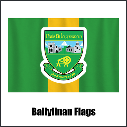 Ballylinan Flags, featuring the club crest and green and gold colours; County Laois GAA. ClubFlags.ie.