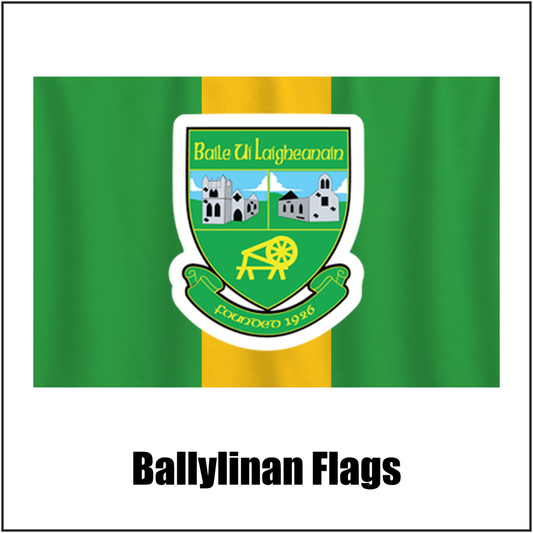 Ballylinan Flags, featuring the club crest and green and gold colours; County Laois GAA. ClubFlags.ie.