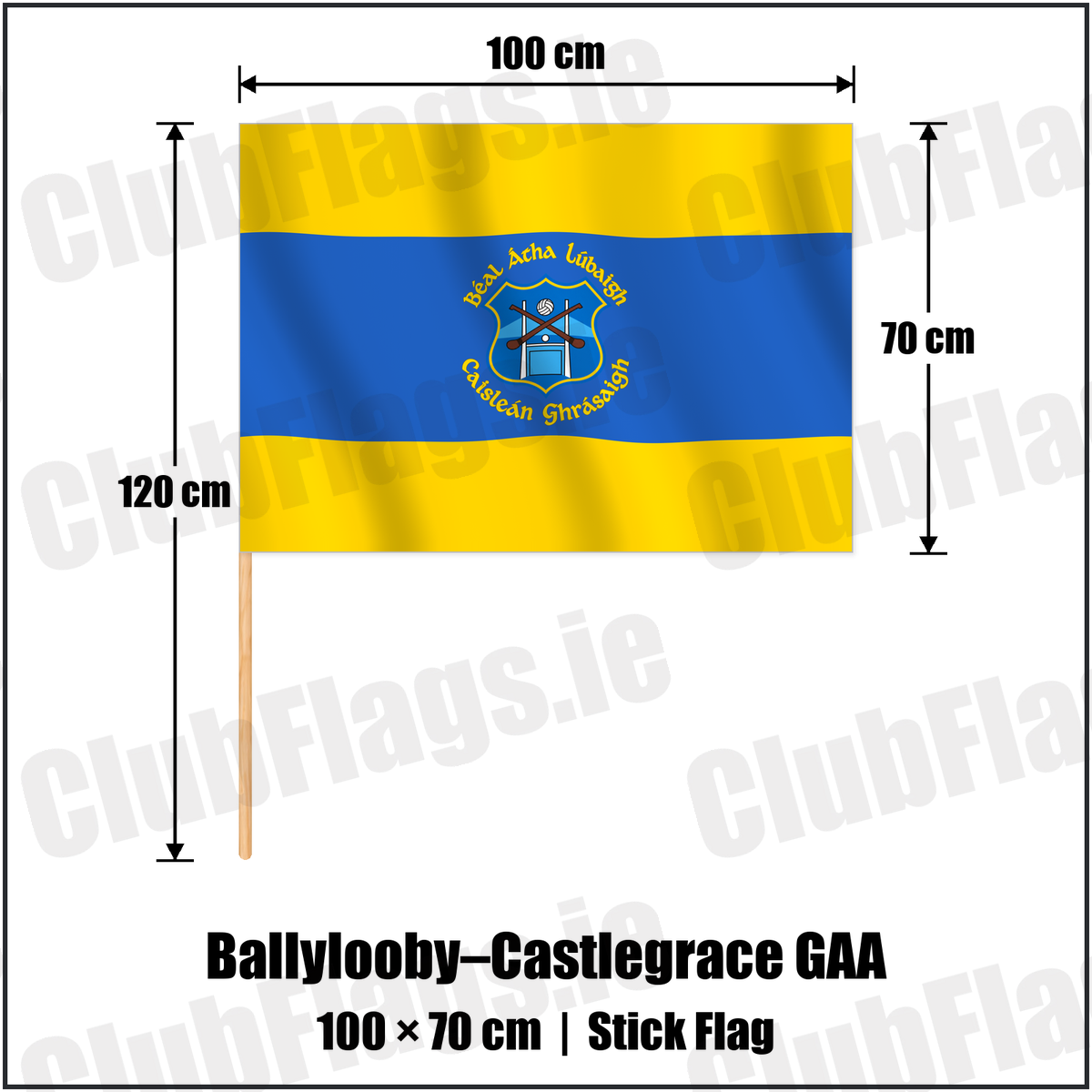 Ballylooby–Castlegrace GAA 70cm x 100cm Stick Flag with the verified club crest and colours, Tipperary GAA - ClubFlags.ie