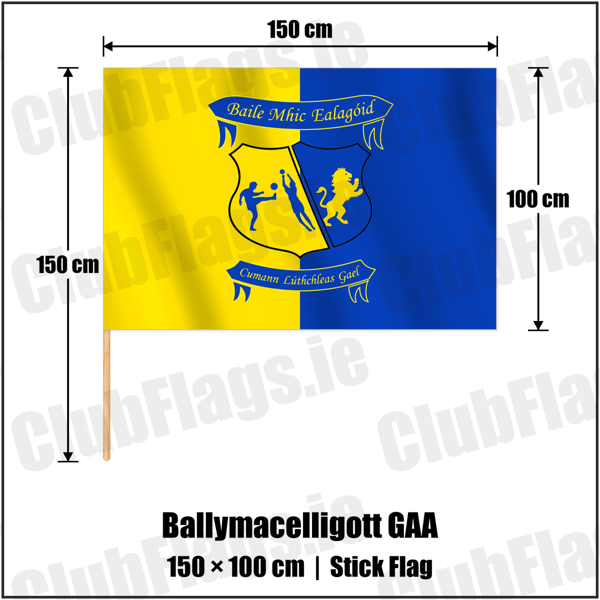 Ballymacelligott GAA 100cm x 150cm Stick Flag with the verified club crest and colours, Kerry GAA - ClubFlags.ie