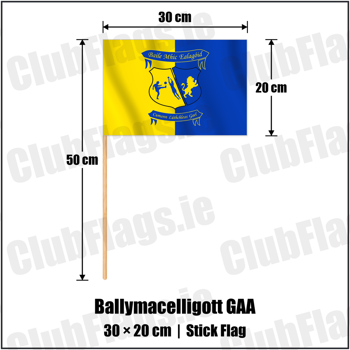 Ballymacelligott GAA 20cm x 30cm Stick Flag with the verified club crest and colours, Kerry GAA - ClubFlags.ie