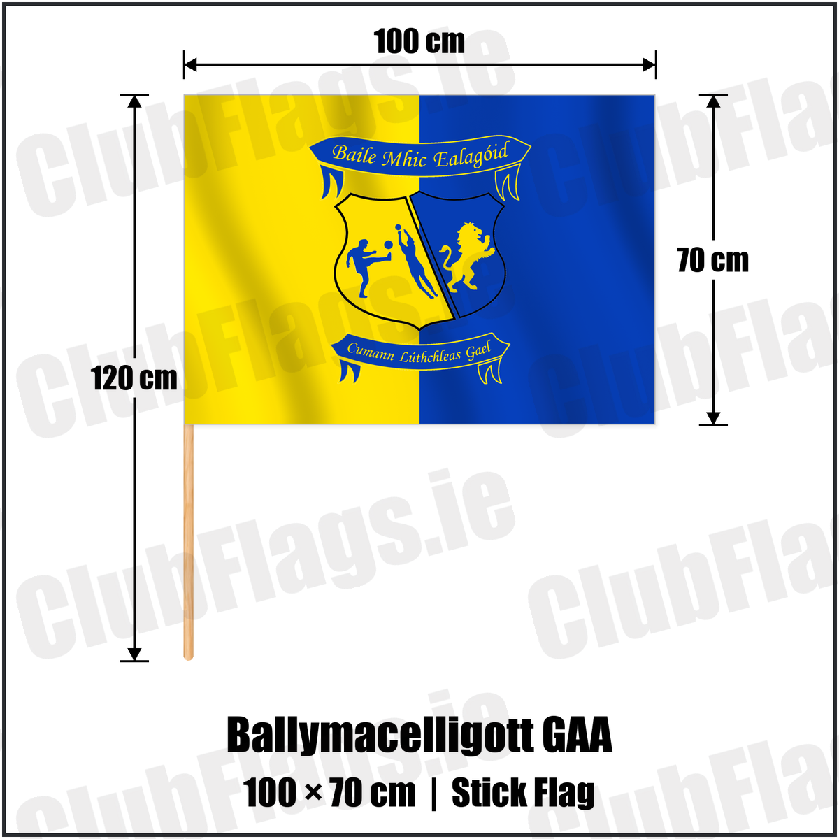 Ballymacelligott GAA 70cm x 100cm Stick Flag with the verified club crest and colours, Kerry GAA - ClubFlags.ie
