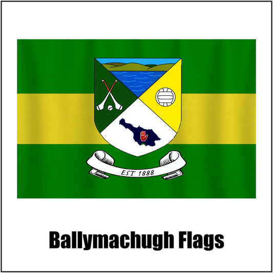 Ballymachugh Flags, featuring the club crest and green and yellow colours; County Cavan GAA. ClubFlags.ie.
